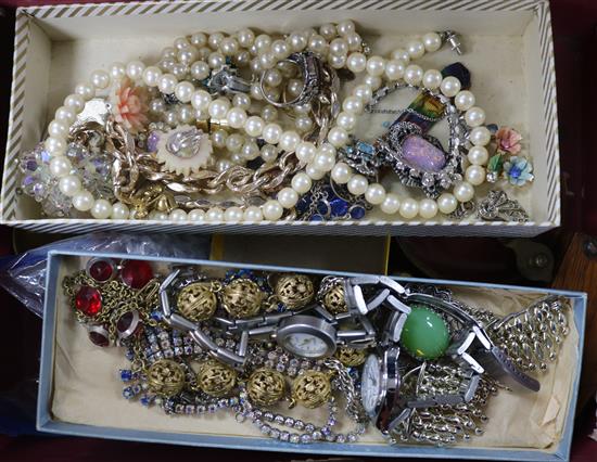 A mother of pearl inlaid box of mixed costume jewellery, coins, etc.